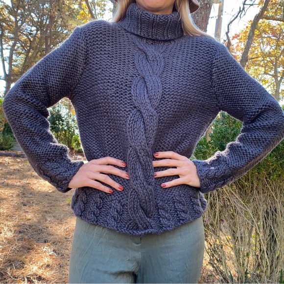 ❄️ WILLI SMITH GREY MIDNIGHT BLUE CHUNKY WOOL HAND KNIT TURTLENECK SWEATER! - Picture 5 of 9
